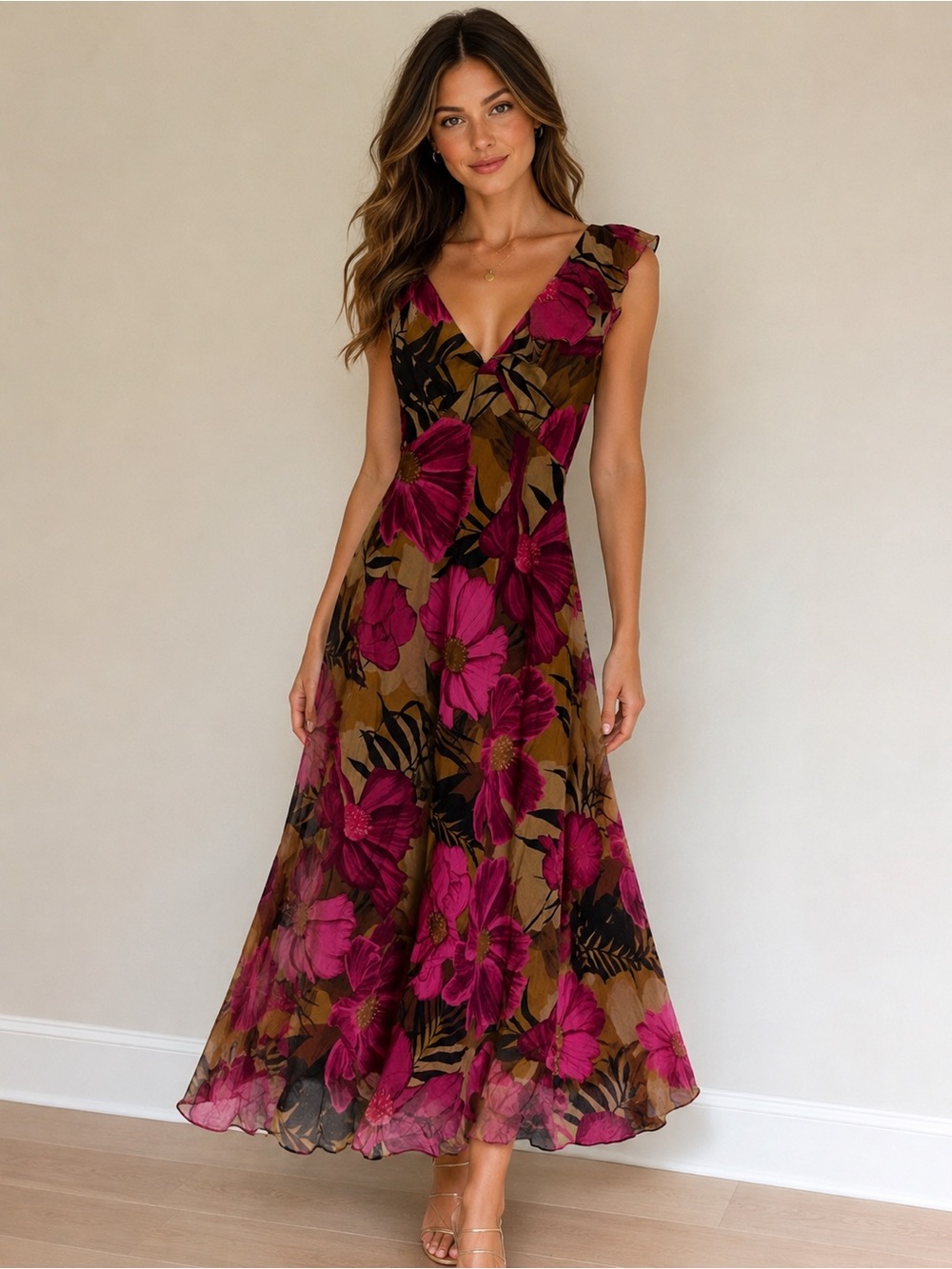 Taylor Tropical Floral Maxi Dress Ruffle V-Neck Sleeveless A-Line Pink Tan 10